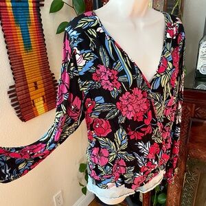 TINY Anthropologie pink & Black Floral LS Top XL